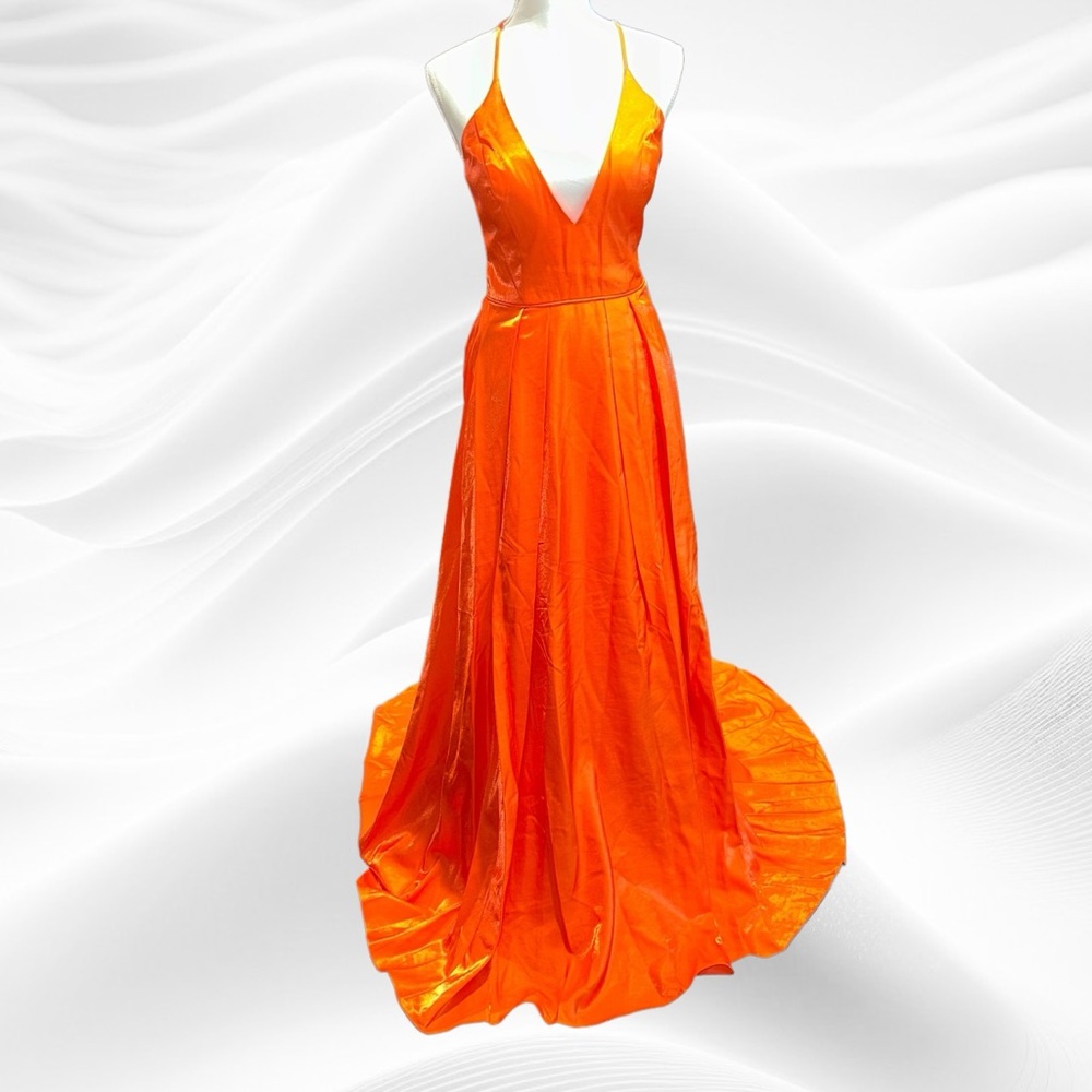 Abby Paris Long Gown in Orange Shimmer Lace Back V neckline High Slit Size 8